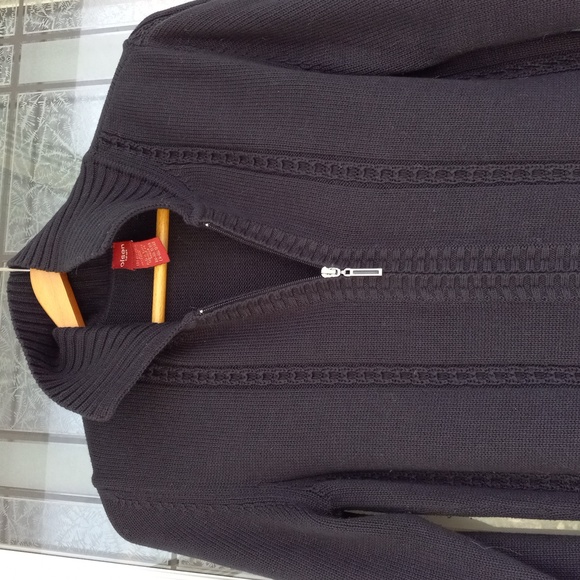 Olsen Europe NavyBlue Zippered Cardigan/Sweater Pockets Rib+Cable Knit Size S/M - Picture 1 of 7